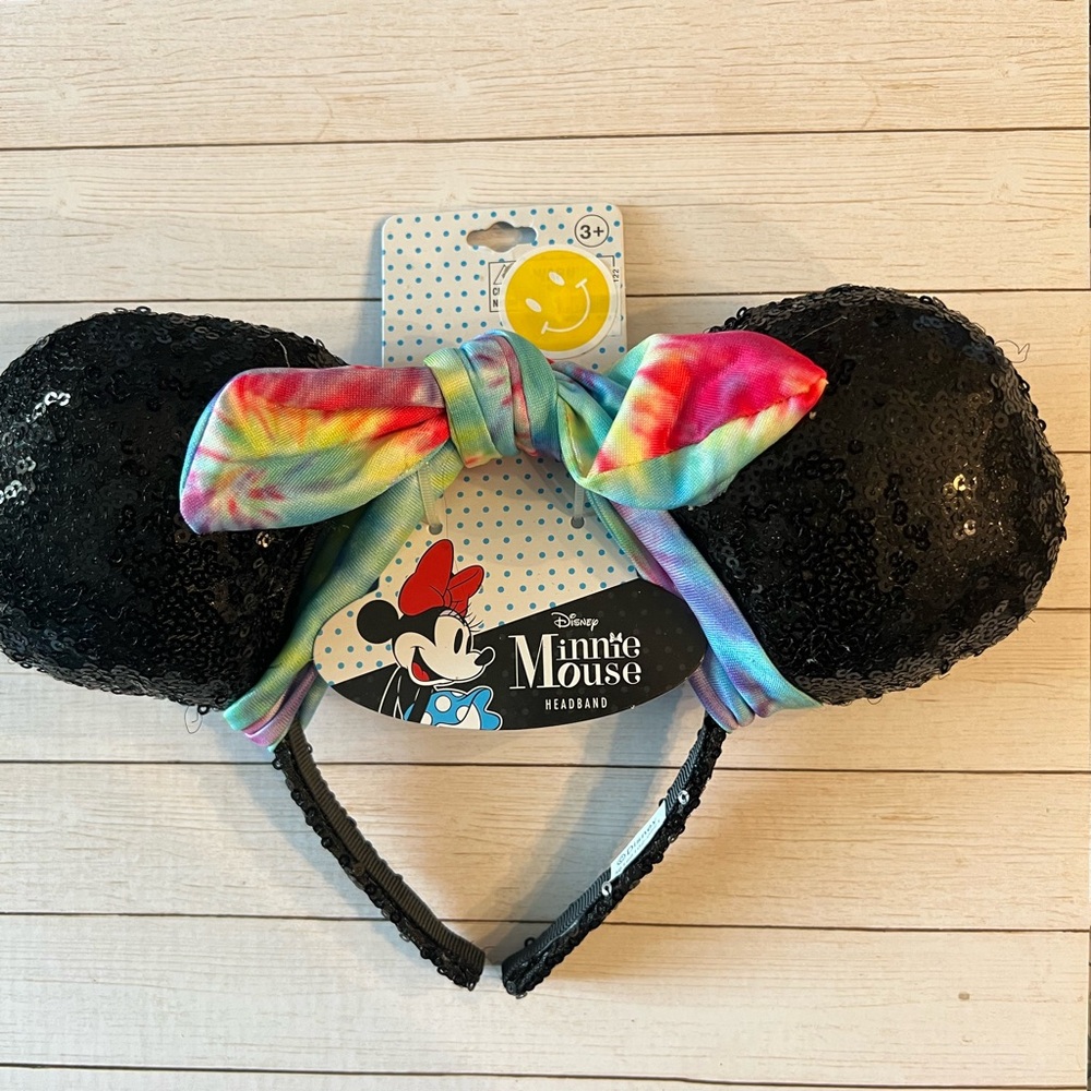 Disney Minnie Mouse Black Sequin Ears Headband Tie Dye Bow